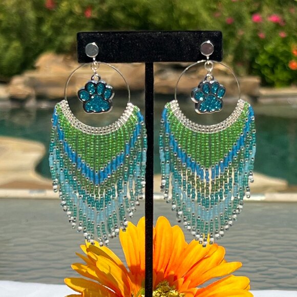 Handmade Beaded Long Fringe Paw Love Dangle Drop Lightweight Post Hoop Earrings - Picture 7 of 8